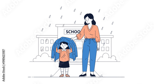 Mother holding umbrella over child outside school in rain, back to school concept