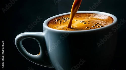 Coffee being poured into a white cup, creating a rich, frothy surface with bubbles, set against a dark background emphasizing the beverage's texture and color