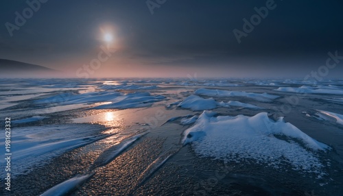 Moonlit Frozen Sea with Cracked Ice Under Night Sky.