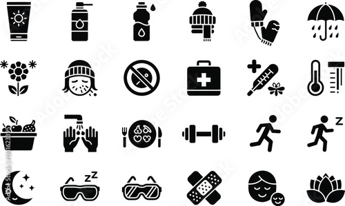 Minimalist animal icons set, black silhouette wildlife symbols, 8 vector elements featuring deer rabbit and livestock, nature conservation and ecology graphics