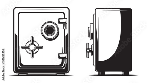 Detailed Monochrome Vector Illustration of a Vintage Security Safe, Showing Front and Side Views for Valuable Protection.