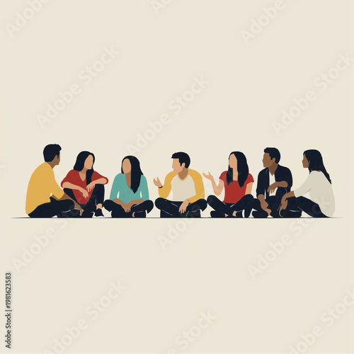 Seven diverse people sitting on the floor in a line, engaged in conversation and discussion, in a minimalist style.