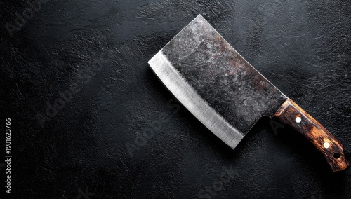 Heavy, worn meat cleaver rests on dark textured surface; blade and handle are visible