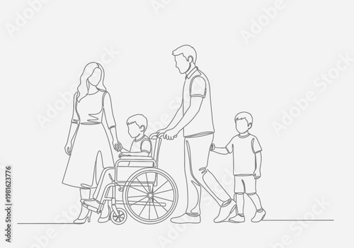Continuous Line Drawing of a Family with a Disabled Child in a Wheelchair, Minimalist One Line Art of Diversity, Support, and Inclusion