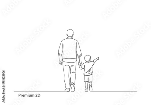 Father and Son Walking Together Continuous Line Drawing - Minimalist Dad and Child Holding Hands Illustration
