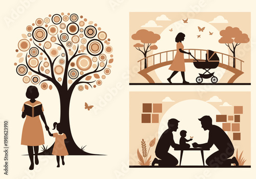 Flat Vector Family Life Illustrations Set Featuring Diverse Parenting, Education, and Growth Concepts in Warm Tones