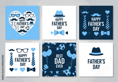 Father's Day Greeting Card Set with Mustache, Tie, and Sports Icons, Blue Vector Graphic Templates for Best Dad Ever