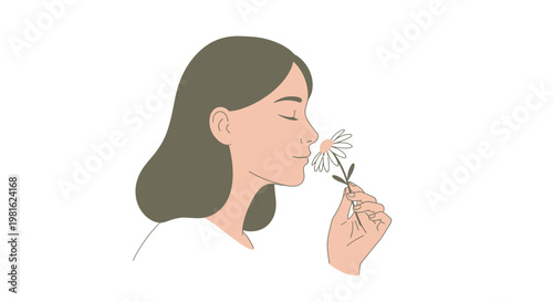 Woman Smelling Dandelion, Minimalist Line Art Illustration, Simple Vector Graphic, Floral Icon