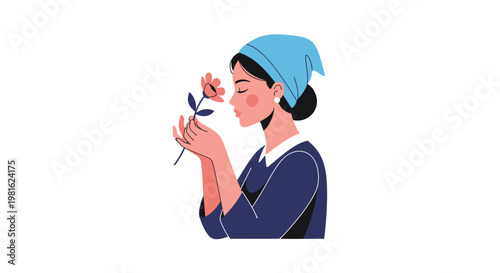 Woman smelling flower, blue headscarf, simple illustration, floral, people icon