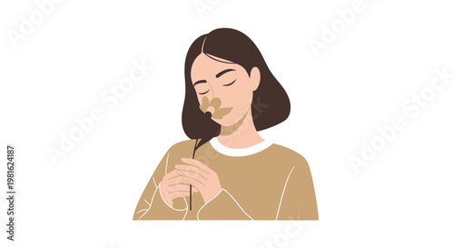 Woman, brunette, eating, food, illustration, vector, minimalist, beige, brown