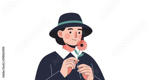 Flat design man holding flower, smiling person with hat, simple illustration, colorful graphic