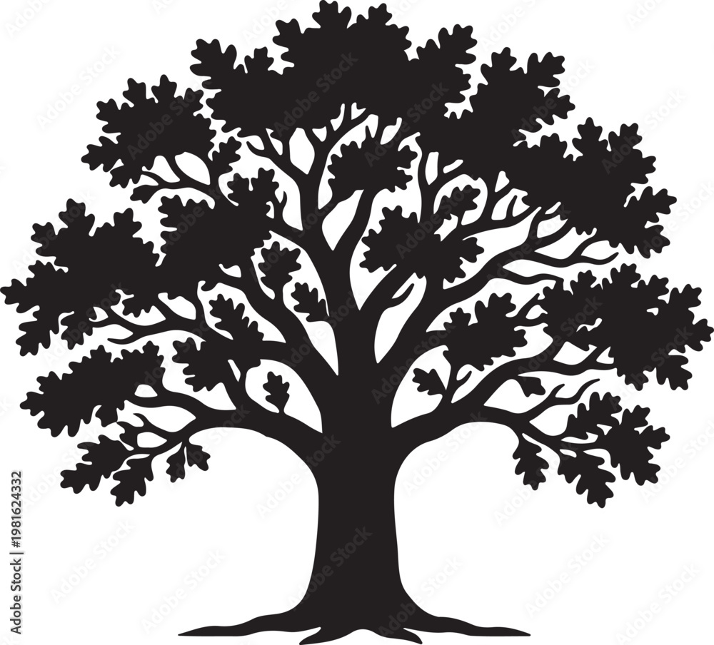 Obraz premium Maple Tree with Leaves Silhouette, Summer Nature Vector, Park Landscape Graphic, Tree Logo