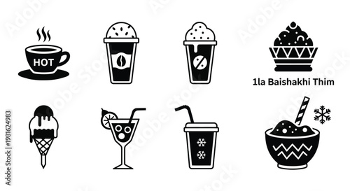 Drinks, beverage icons, coffee, tea, dessert, cold drink set, 8 vector graphics