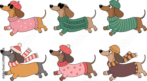 Cute dachshund dogs running and jumping in sweaters hats glasses and berets flat vector set in childlike style