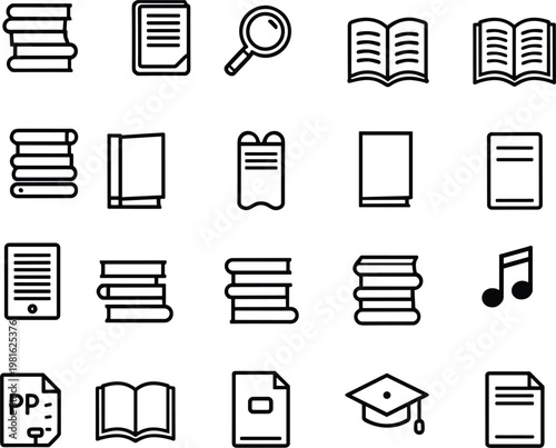Large collection of black line icons featuring open books, book stacks, graduation caps, documents, magnifying glass, and music notes for education and library design.