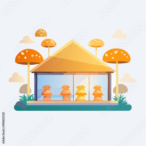 Climate Controlled Mushroom Farm Illustration: Modern Building with Growing Fungi and Outdoor Mushrooms in Flat Design Vector Style