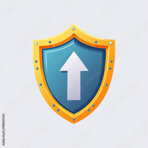 Stylized Golden Blue Shield With Up Arrow Icon, Symbolizing Security, Protection, Progress, and Growth