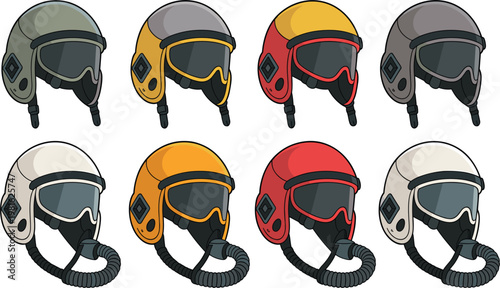 Pilot helmet icons set, aviation gear vector illustration for military flight equipment, aerospace design