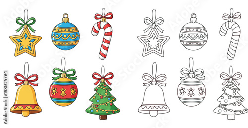 Set of Christmas Ornaments in Color and Outline for Coloring Page with Star, Bauble, Bell, Tree and Candy Cane Icons for Holiday Kids Activities.
