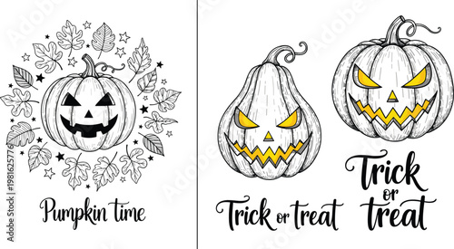 Halloween pumpkin vector set with jack o lantern faces trick or treat lettering hand drawn autumn illustration collection isolated on white background
