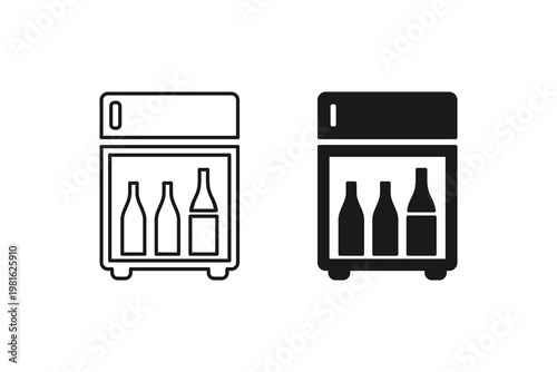 Hotel minibar fridge with beverage bottles icon