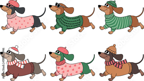 Cute dachshund dogs running and jumping in sweaters hats glasses and berets flat vector set in childlike style