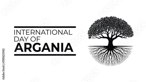 International Day of Argania black and white tree logo with deep roots, symbolic ecological cultural heritage design for observance celebration and stock illustration