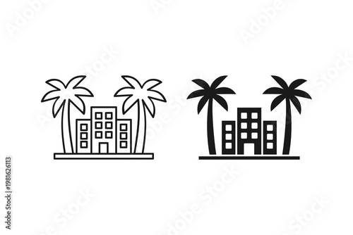 Tropical beach resort hotel with palm trees icon