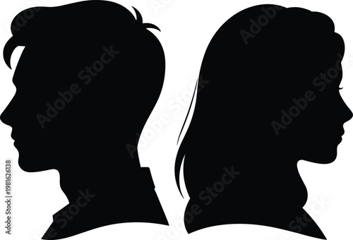 Side profile silhouette of a young man and woman standing back to back, symbolizing relationship breakup, emotional distance, divorce, and lack of communication between couple.