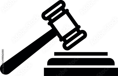 Gavel and sound block in a minimalist flat design with stark black and white contrast for legal or auction representation.