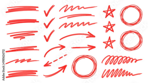 Line pen red highlight arrow set. Line pen hand drawn marker stroke red underline, check mark, emphasis. Arrow, star, round frame marker scribble stroke icon elements. Vector illustration