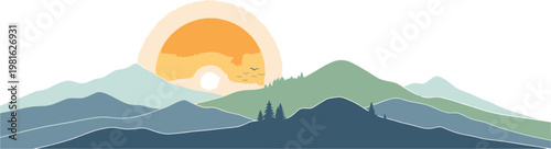 A serene mountain landscape panorama with a vibrant sunrise illuminating the peaks, featuring stylized trees and birds flying across the sky.