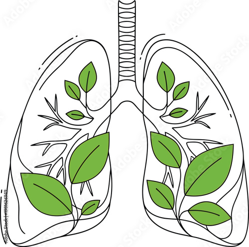 Human lungs stylized with green leaves as a creative symbol for environmental health and natural respiratory system medical care concepts