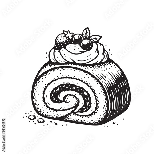 line art vector of jam roll cake topped with cream and fruit