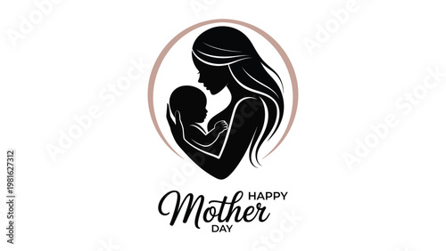 Happy Mothers Day silhouette illustration with mother and baby in circular frame elegant typography greeting vector design