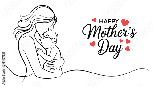 Happy Mothers Day line art illustration with mother kissing baby and heart accents elegant typography greeting vector design