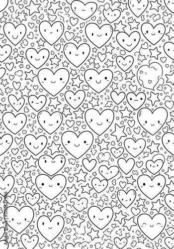 Happy Hearts and Stars Background Pattern Coloring Page Vector Illustration Kawaii Line Art with Smiling Faces for Kids Creative Activities Fun Doodle Wallpaper Style for Printable Craft Projects