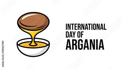 International Day of Argania vector illustration with argan oil pouring into bowl natural cosmetic and organic skincare concept
