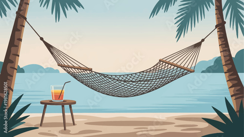 A serene beach scene featuring a hammock suspended between two palm trees with a refreshing drink on a small table