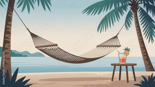 A serene beach scene featuring a hammock suspended between two palm trees with a refreshing cocktail on a side table