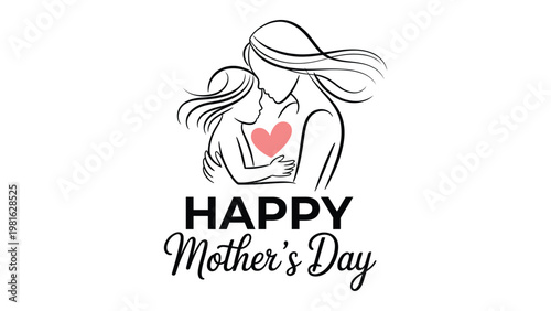 Happy Mothers Day line art illustration with mother and baby wearing hat and heart detail elegant typography vector design