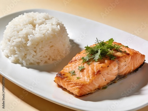 Baked salmon with rice and lemon wedges minimal clean plate healthy lifestyle concept