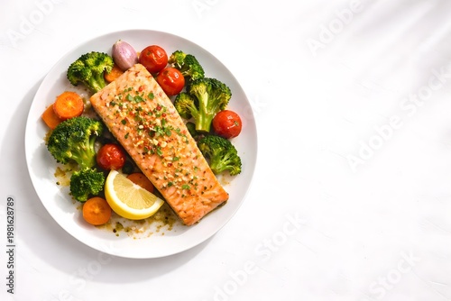 Minimal baked salmon with asparagus and lemon wedges on white plate, healthy clean eating concept