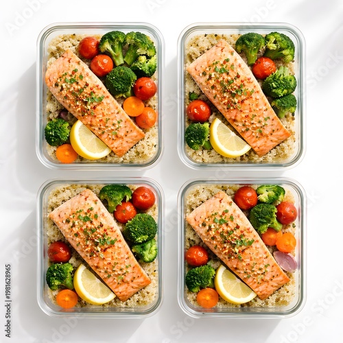 Baked salmon with asparagus and lemon wedges meal prep containers healthy diet concept