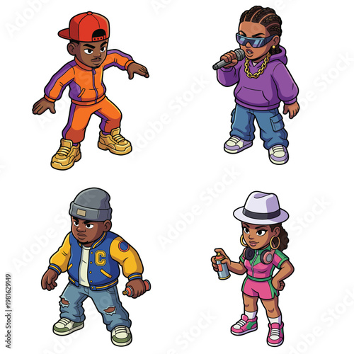 Set of urban hip hop culture cartoon characters vector illustration