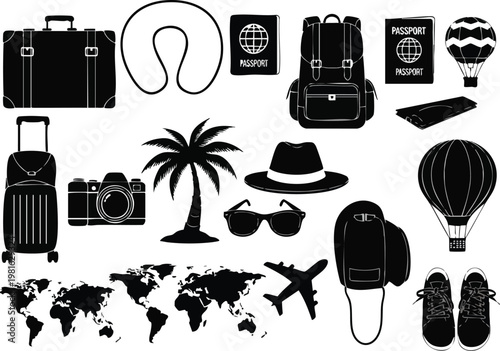 A black silhouette vector illustration of travel and vacation essentials including luggage, passport, camera, and world map