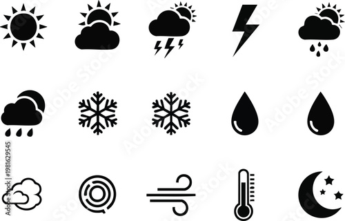Silhouette vector icons representing weather conditions such as sun, clouds, rain, snow, lightning, wind, thermometer, and night sky