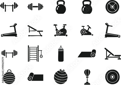 Fitness equipment silhouette vector icons collection, healthy lifestyle and workout symbols