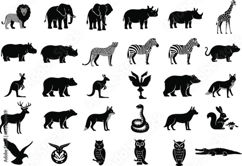 Collection of diverse animal silhouette vector graphics, perfect for various design projects and educational materials