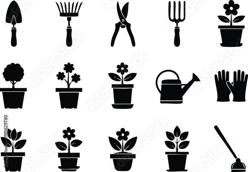 Gardening silhouette vector icons collection for your designs, plants, and tools